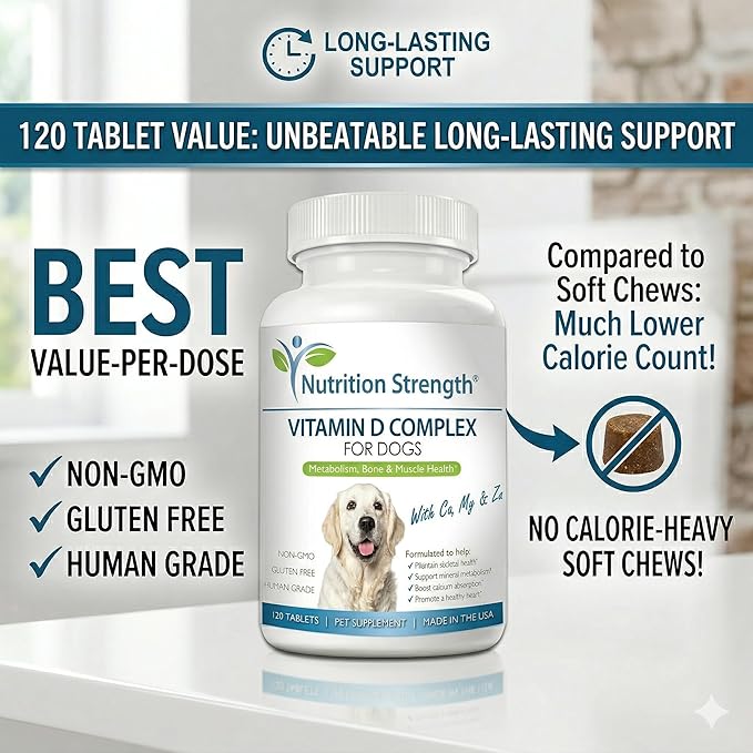 Vitamin D for Dogs with Calcium, Magnesium and Zinc to Support Strong Teeth, Bones and Muscles, Promote Mineral Metabolism and a Healthy Immune Function, 120 Chewable Tablets