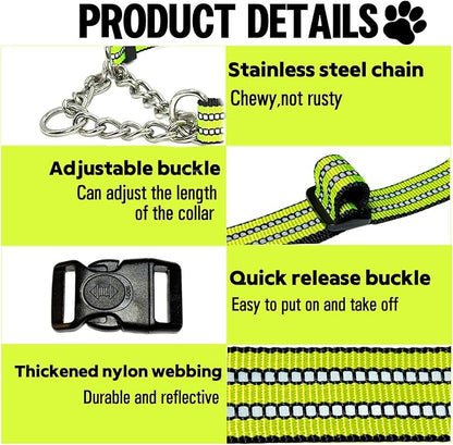 Martingale Dog Collars, Reflective Nylon Collar with Stainless Steel Chain, Adjustable Walking Training Dog Collars with Quick Release Buckle, Suitable for Small Medium Large Dogs(Green,L)