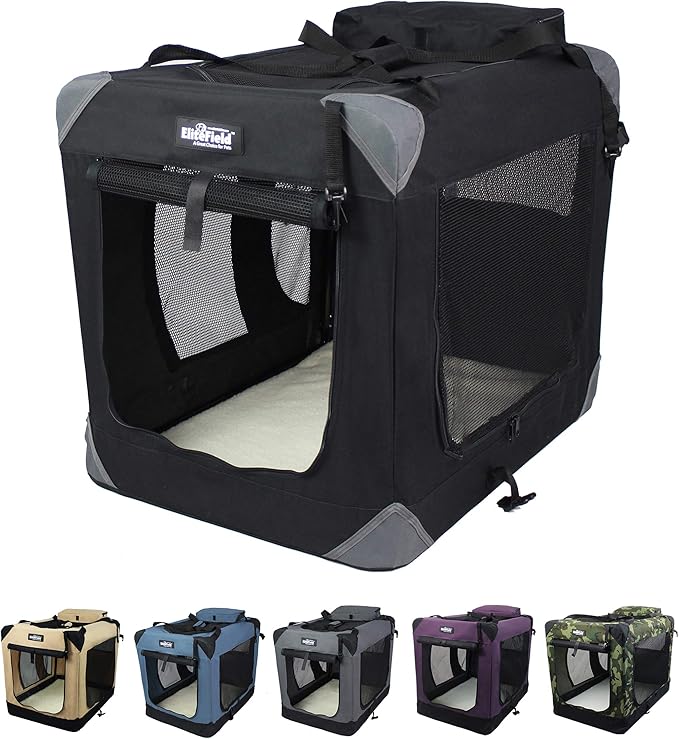 EliteField 3-Door Folding Soft Dog Crate with Carrying Bag and Fleece Bed (2 Year Warranty), Indoor & Outdoor Pet Home (20" L x 14" W x 14" H, Black)