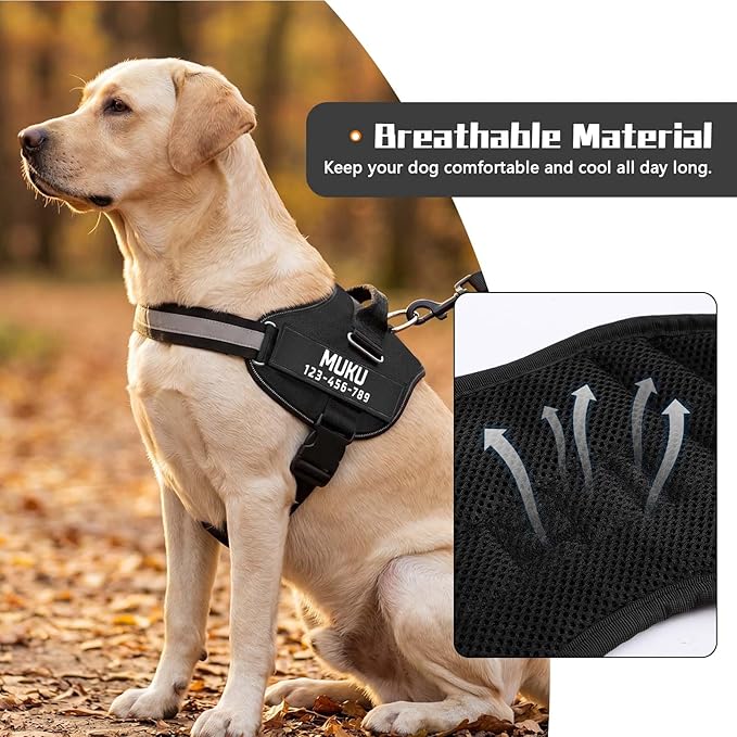 MUMUPET Custom Dog Harness Vest with 2 Personalized Name & Phone Patches, No Pull Reflective Adjustable with Handle, Soft Breathable Padding for Medium Dogs (Black, M)