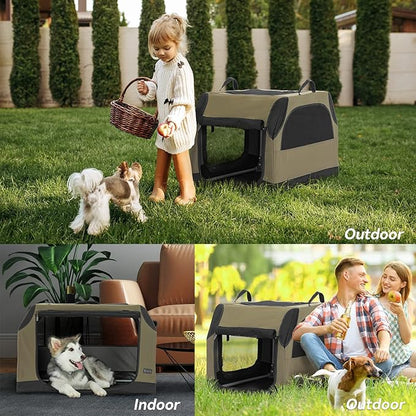 PETSFIT Collapsible Dog Crate, Soft Sided Dog Crate - 36 Inch Sturdy Adjustable Structure, Easy to Set Up, Soft Sided Dog Kennel for Car, Light Tough with 3 Mesh Doors, Army Green