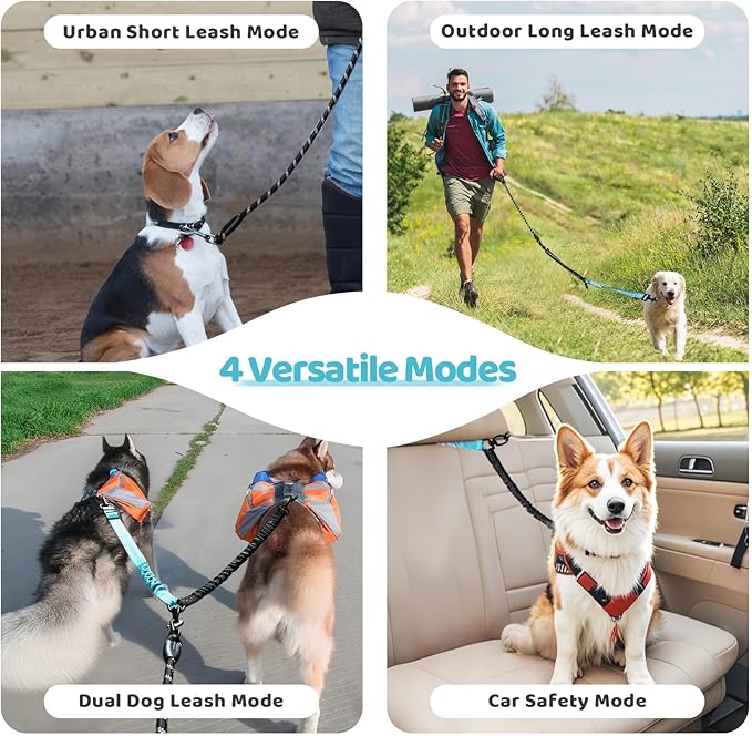 Double Dog Leash - 360°Swivel Tangle Free Splitter Attachment, 2 Dogs Multi-Functional Leashes, Dual Rope for Outdoor Walk Train Small Medium Large Two Pet, Lake Blue