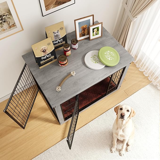 Greesum Modern Dog Crate Furniture That Doubles as a Side Table - Sturdy Wooden Kennel with Double Door Design, Equipped with Soft Cushion & Chew-Resistant Resign, Suitable for Dogs