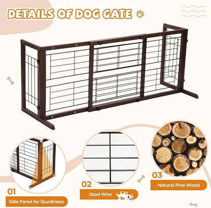 COZIWOW 38-67" Dog Gate Indoor, Free Standing Pet Gate for Doorways Extra Wide, Wooden Fence Puppy Safety Gates for The House, Stairs, Hallway, No Drilling Required,Brown