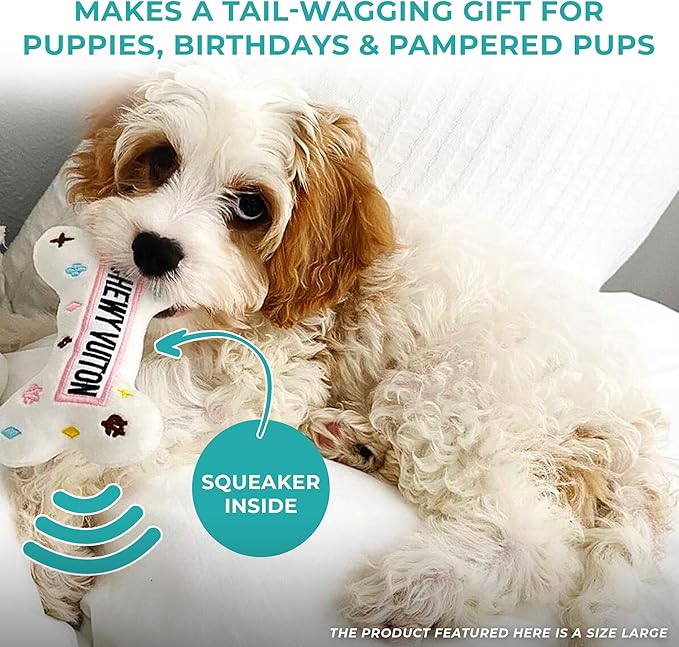 Haute Diggity Dog Chewy Vuiton Bone Plush Squeaky Dog Toy, Soft Durable Designer-Inspired Stuffed Puppy Chew Toys for Small & Medium Dogs, Machine-Washable (White) Small