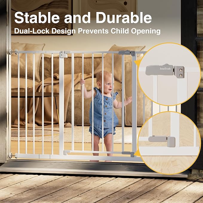 InnoTruth 29.5–49.75" Extra Wide Baby Gate for Stairs, 28" Tall Walk Through Dog Gate for Stairs & Doorways, Pressure-Mounted Safety Gate for Pets & Kids, Dual Lock & 2-Way Swing, White