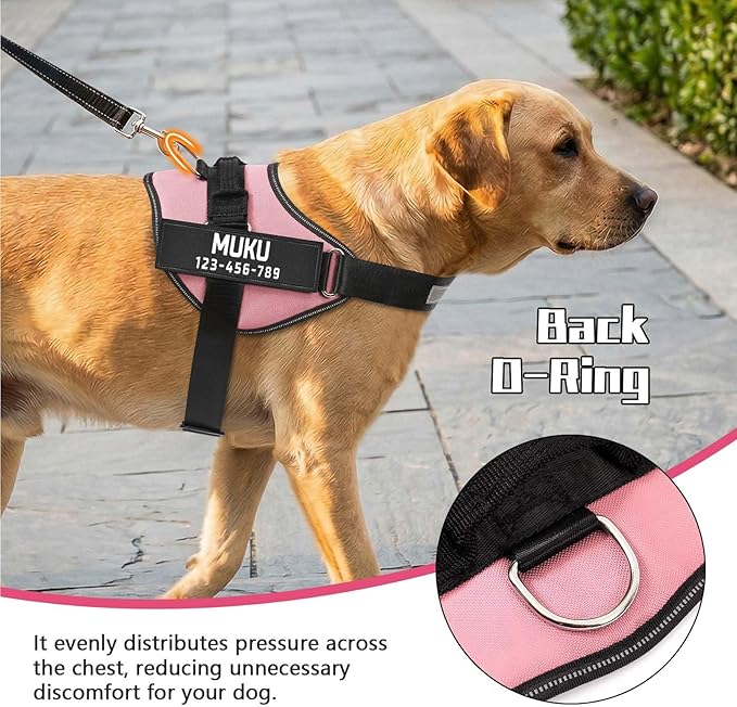 MUMUPET Custom Dog Harness Vest with 2 Personalized Name & Phone Patches, No Pull Reflective Adjustable with Handle, Soft Breathable Padding for Medium Dogs (Pink, M)