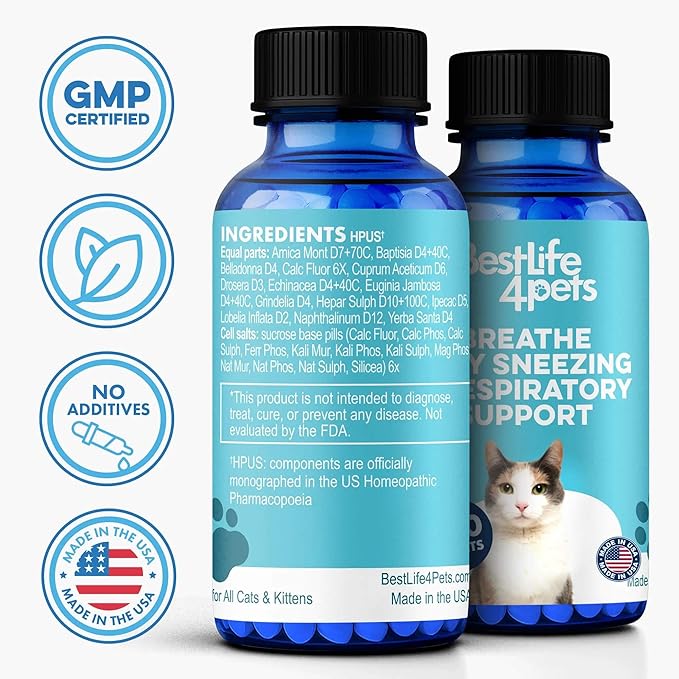 Cat Respiratory Comfort Supplement - Natural Breathe Easy Feline Support for All Seasons, Coughing, Occasional Nasal Stuffiness and Sneezing - 800 Odorless, Easy-to-Administer Tasteless Pills