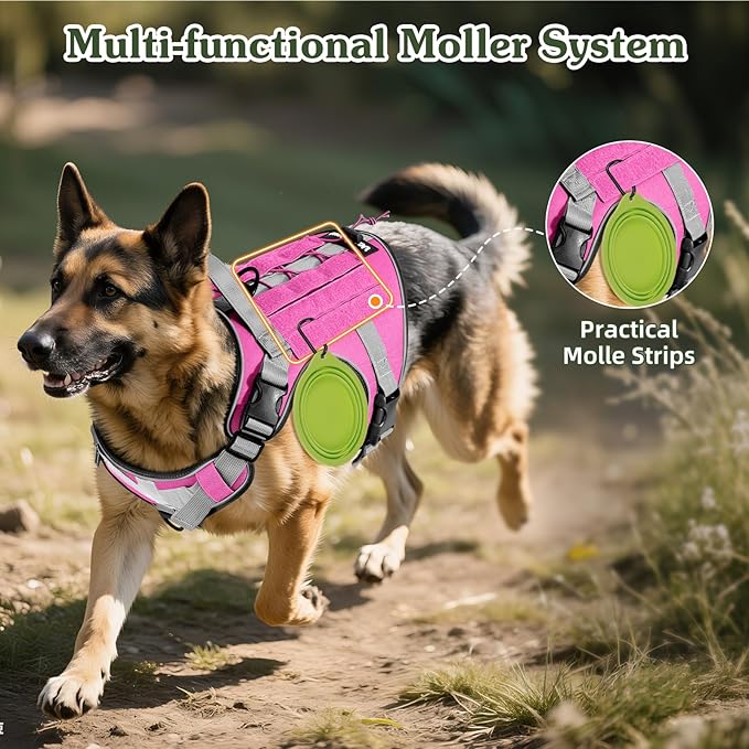 VavoPaw Heavy Duty Tactical Dog Harness for Large Dogs, No Pull Adjustable Pet Harness Reflective Service Training Easy Control Pet Vest Military K9 Working Dog Harnesses, Pink, XL