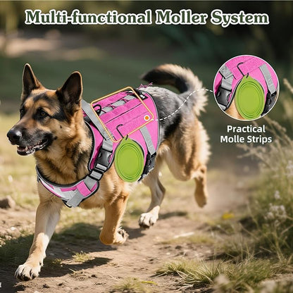 VavoPaw Heavy Duty Tactical Dog Harness for Large Dogs, No Pull Adjustable Pet Harness Reflective Service Training Easy Control Pet Vest Military K9 Working Dog Harnesses, Pink, S
