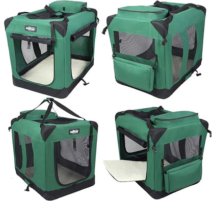EliteField 3-Door Folding Soft Dog Crate with Carrying Bag and Fleece Bed (2 Year Warranty), Indoor & Outdoor Pet Home (30" L x 21" W x 24" H, Green)