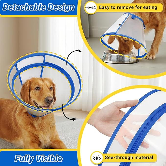 Dog Cone to Stop Licking, Clear Recovery Collar with Detachable Zipper, Sturdy Elizabethan Collar for Large Medium Small Dogs, Soft Adjustable Cone After Surgery Patented, Blue L