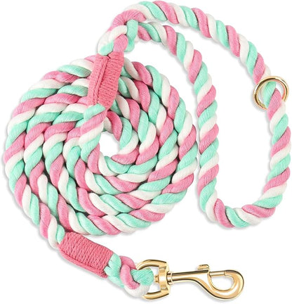 Dog Leash 6 FT Handmade Braided Cotton Rope Leashes for Small Medium and Large Dogs, New Golden Heavy Duty Metal Clasp, Cherry Blossom Pink