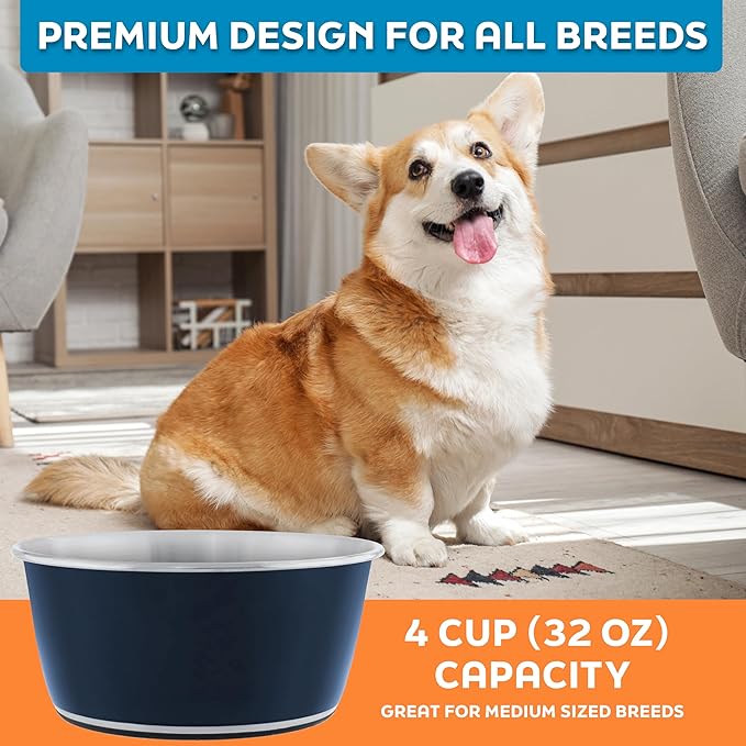 Master Pet Supply Stainless Steel Dog Bowls Set of 2 (32 Oz Each) with Non-Slip Rubber Base - Navy Blue - Basic Dog Food Bowl Water & Food Bowls for Small Medium Large Dogs & Cats, Metal Dish