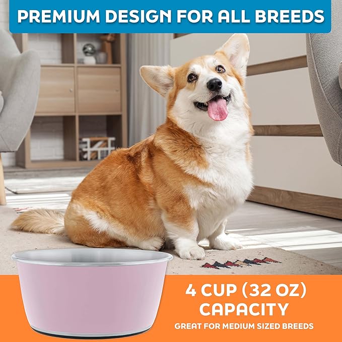 Master Pet Supply Stainless Steel Dog Bowls Set of 2 (32 Oz Each) with Non-Slip Rubber Base - Rose Quartz - Basic Dog Food Bowl Water & Food Bowls for Small Medium Large Dogs & Cats, Metal Dish