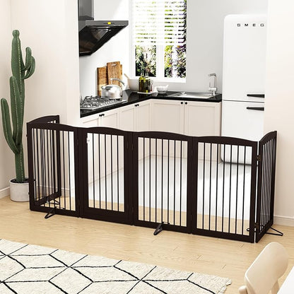 PUPETPO Freestanding Pet Gate with Door, Tall Dog Gate for House, Extra Wide, Pet Puppy Safety Fence, Support Feet Included, 120 Inch Wide, 6 Panels 32" Tall, Brown