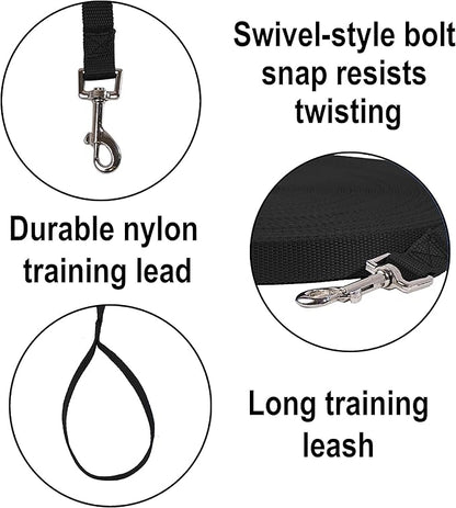 Hi Kiss Dog/Puppy Obedience Recall Training Agility Lead - 15ft 20ft 30ft 50ft 100ft Leash - Great for Play, Camping, or Backyard - Black