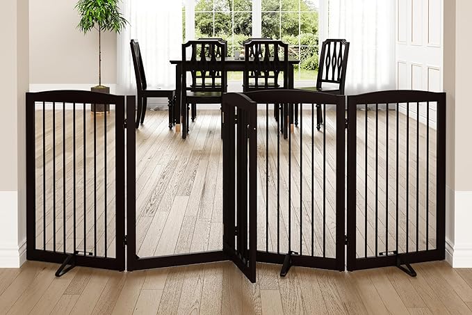 PUPETPO Freestanding Dog Gates with Door Walk Through, 80 inch Wide Gates Indoor, Dog Fences Indoor, Support Feet Included, 4 Panels, 32" Tall, Dark Brown