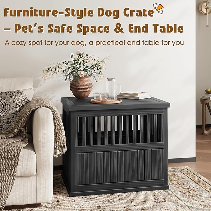Bifanuo Dog House 30-Inch Dog Crate Furniture, Heavy Duty Dog Crate for Small Dog, Lockable Indoor Outdoor Dog Kennel & End Table, Decorative Plastic Pet Cage (Black)