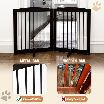 PUPETPO Freestanding Pet Gate for Dogs, Foldable Wooden Dog Gate for House, Indoor Pet Barrier for Stairs, Doorways, Support Feet Included, 24" Height 2 Panels, Brown