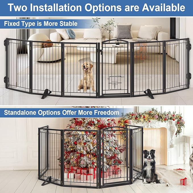 Metal Free Standing Dog Gate with Cat Door for Indoor/Outdoor,120" Extra Wide Foldable Pet Gate,32" Tall Foldable Indoor Dog Fence for Large Openings Stairs,Deck,Yard,Doorways(6 Panels,Black)