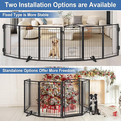 Metal Free Standing Dog Gate with Cat Door for Indoor/Outdoor,120" Extra Wide Foldable Pet Gate,32" Tall Foldable Indoor Dog Fence for Large Openings Stairs,Deck,Yard,Doorways(6 Panels,Black)