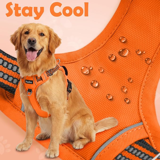 Funfox Dog Harness No Pull, Adjustable Pet Vest Harness, Super Soft Material with Vertical Handle Easy Control, Reflective Night Walking, 2 Leash Clips for Small Sized Dogs, Orange, S