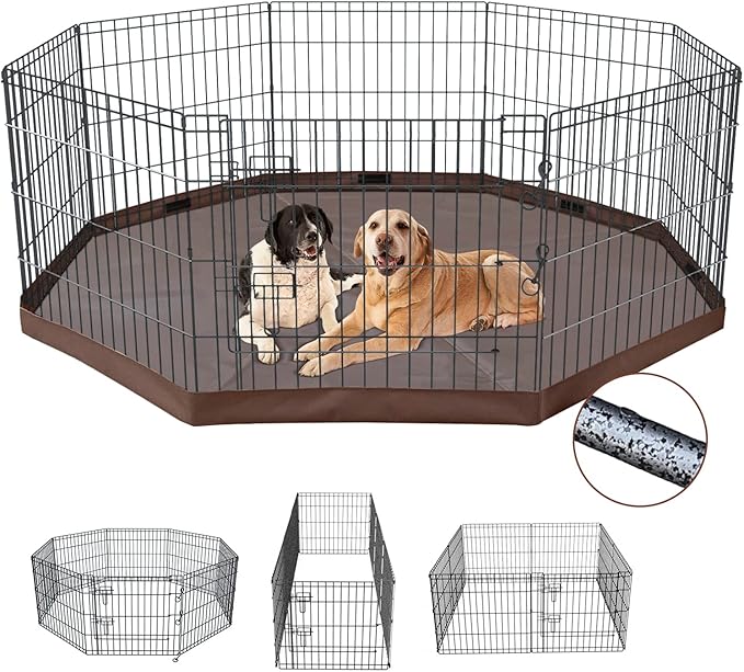 NEZUC Foldable Metal Dog Exercise Playpen Gate Fence Dog Crate 8 Panels 24 Inch Height Puppy Kennels with Top Cover/Bottom Pad for Animals Outdoor Indoor (Playpen+Bottom Pad, Brown, 24" H)
