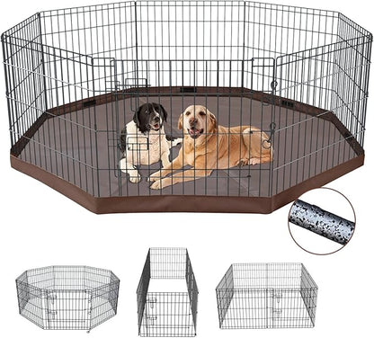 NEZUC Foldable Metal Dog Exercise Playpen Gate Fence Dog Crate 8 Panels 24 Inch Height Puppy Kennels with Top Cover/Bottom Pad for Animals Outdoor Indoor (Playpen+Bottom Pad, Brown, 24" H)