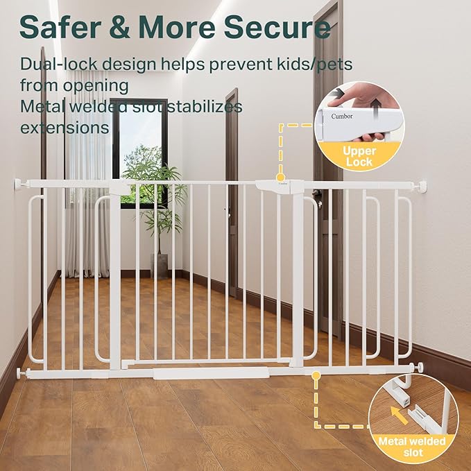 Cumbor Extra Wide Baby & Pet Gate Set, 29.7-48" & 36.6-64" Gates with Dual-Lock, Auto-Close, One-Hand Operation for Stairs, Hallways & Doorways