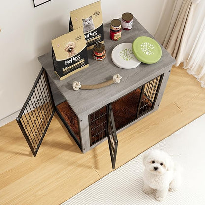 Greesum Modern Dog Crate Furniture That Doubles as a Side Table - Sturdy Wooden Kennel with Double Door Design, Equipped with Soft Cushion & Chew-Resistant Resign, Suitable for Dogs