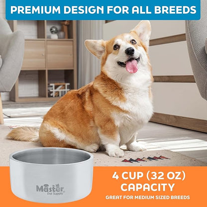 Master Pet Supply Stainless Steel Dog Bowls - 32 oz, Heavy Duty - Stainless Steel, Double Wall Extra-Thick Insulated, Non-Slip Pet Water Bowl for Dogs, Cats & Pets, Anti Rust Metal, Dish Washer Safe