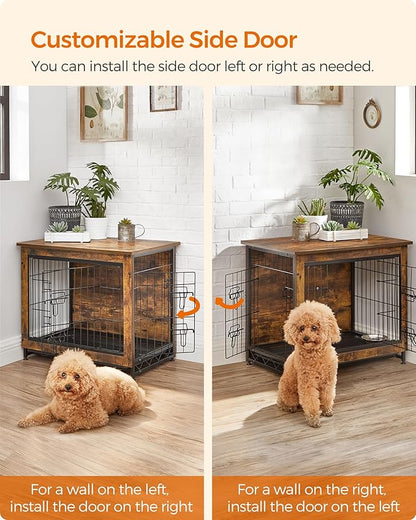 Feandrea 27.2" Dog Crate Furniture, Indoor Dog Cage Side End Table, M Pet Wood Kennel for Medium and Small Dogs up to 30 lb with Multi-Purpose Removable Tray, Double-Door Pet House, Rustic Brown
