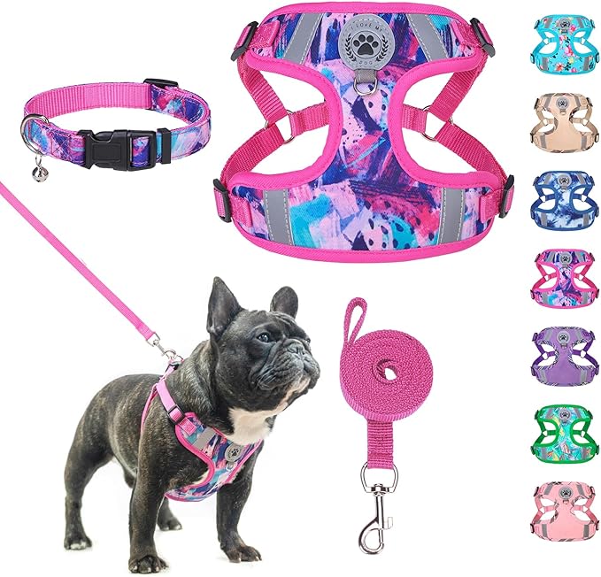 BEAUTYZOO Dog Harness Collar and Leash Set, No-Pull Step in Dog Harness for Large Dogs, Reflective No-Choke Puppy Vest Harness, Adjustable Soft Padded Pet Vest for French Bulldog, Dark Pink L