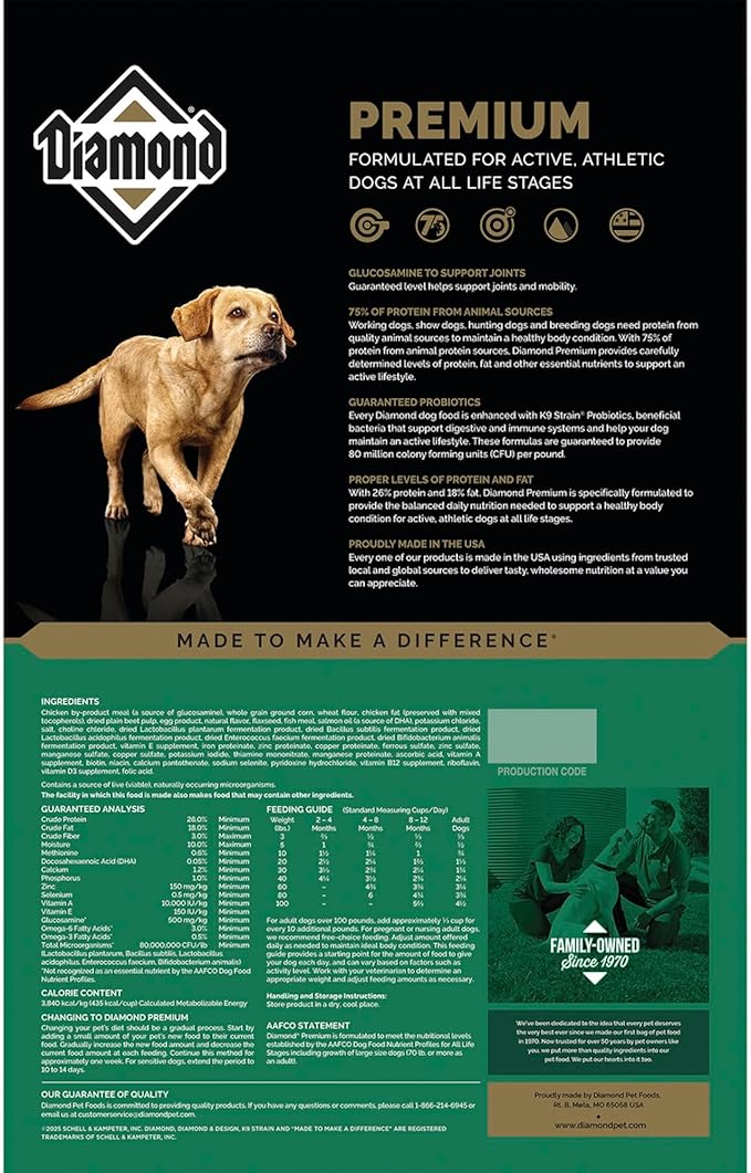 Diamond Premium All Life Stages Dry Dog Food 26/18 for Active, Athletic & Sporting Dogs 6lb Bag