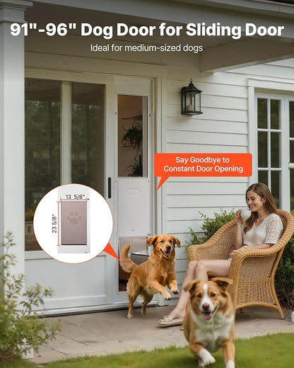 VEVOR Dog Door for Sliding Glass Door, 91 to 96 in Adjustable Height, Aluminum Alloy Frame with Metal Rotating Hinges, Lock Design, 13 5/8 x 23 5/8 in Flap, Sliding Glass Pet Door for Renters