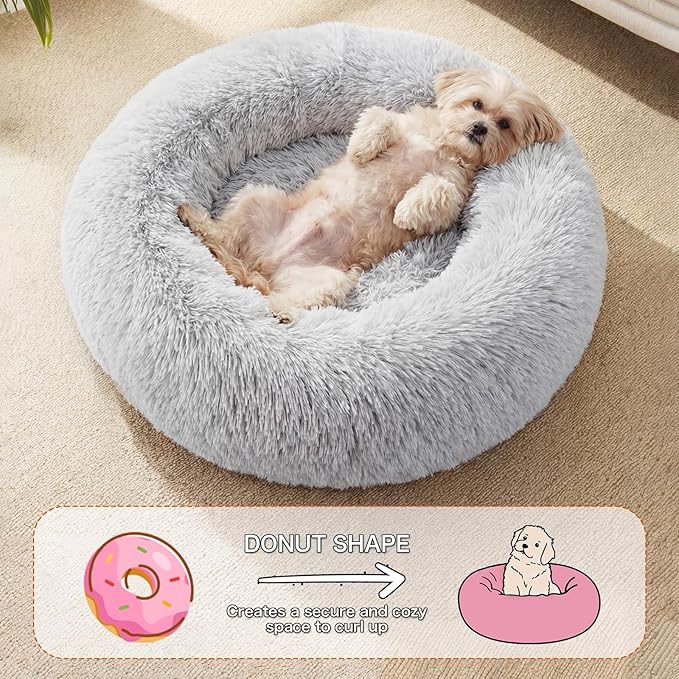 WROS Calming Dog Bed, 24" x 24" x 6" Fits Cat & Dog, Anti-Slip Round Washable Faux Fur for Doze Off, Napping Orthopedic, Grey