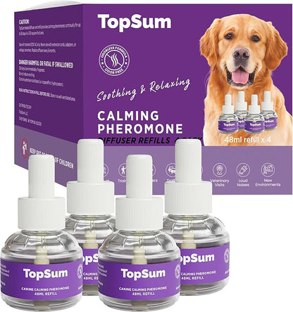 TopSum Calming Diffuser for Dog: Dog Pheromones Calming Diffuser Plug for Stress, Barking, Chewing, Pee Accidents & Separation Behaviors (Purple– 4 Refills)