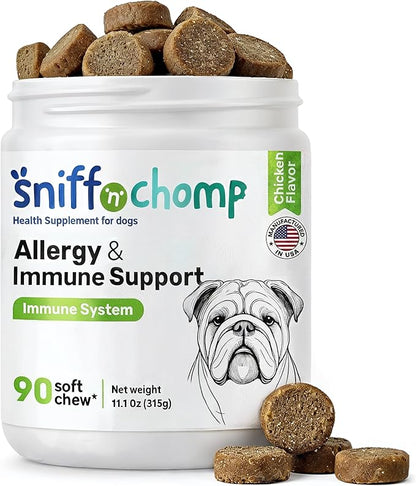 SNIFF N CHOMP Dog Allergy Chews, Chicken Flavor, Probiotics for Dogs with Quercetin Omega 3 Zinc, Seasonal Allergy Relief, Immune Support Soft Chews, Probióticos para Perros | 90 Soft Chews
