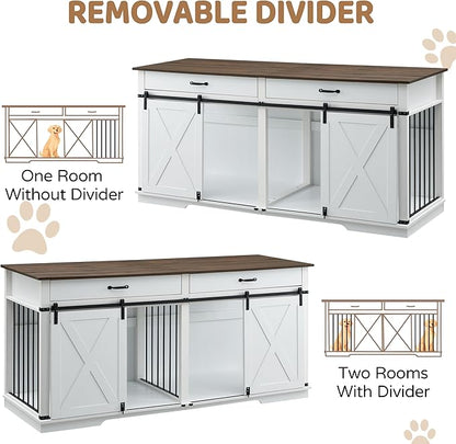 72.5" XXL Wooden Double Dog Crate Furniture for 2 Large Breeds, Farmhouse Barn Door, Removable Divider, Water Resistant with Built-in Drawers, Home Decor Pet Kennel, White