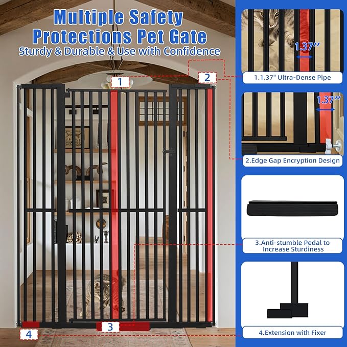 SHYUJAJIE 71 Inch Extra Tall Pet Gate for Cats, 29.5-48" Adjustable Wide Dog Gates, Pressure Mounted Walk Through Tall Cat Gate for Doorways,Hallway,Stairs,House（Black）