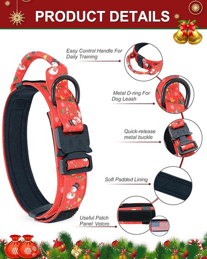Hotsky Christmas Tactical Dog Collar, Adjustable Military Training Xmas Collar with Handle and Have Duty Metal Buckle for Medium Large Dogs, with Airtag Holder and 2 Patches(Christmas Red,M)
