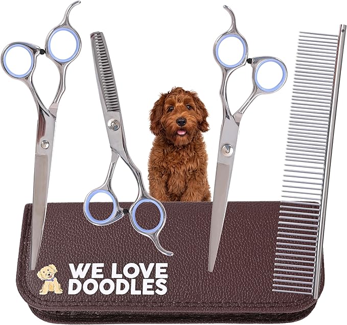 Dog Grooming Scissors Kit - Best Tools for Goldendoodles & Poodles- Straight, Curved & Thinning Shears - Golden Doodle Grooming Professional Grade Stainless Steel, 4 Pc Set (Long Silver)