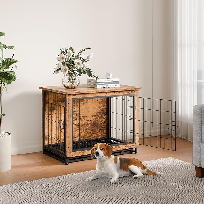Vongrasig Dog Crate Furniture, Side End Table, Modern Wooden Kennel for Dogs Indoor, Heavy-Duty Dog Cage with Multi-Purpose Removable Tray, Double-Door Dog House, Rustic Brown