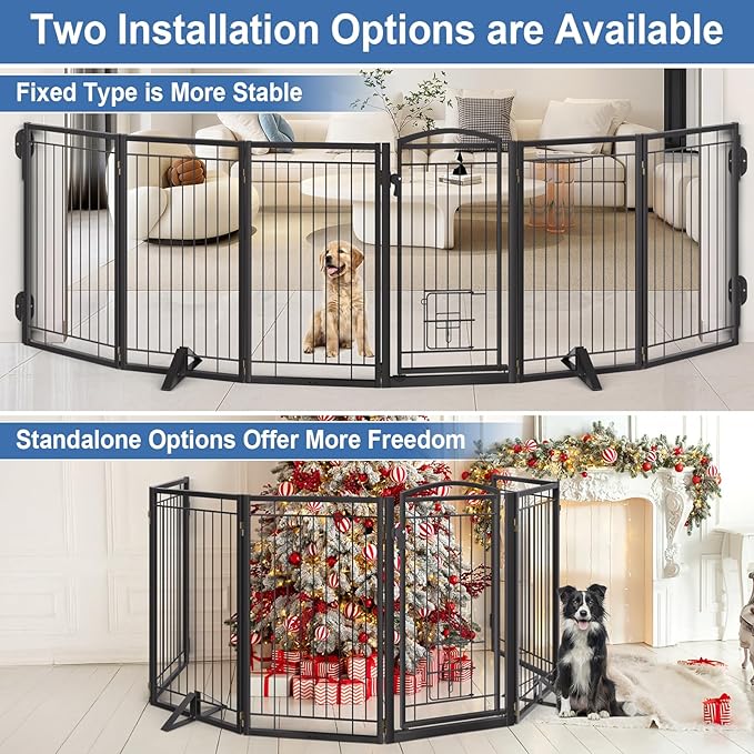 Metal Freestanding Dog Gate with Cat Door for Indoor&Outdoor,120" Extra Wide Foldable Pet Gate,36" Tall Foldable Indoor Dog Fence for Wide Openings Stairs,Deck,Yard,Doorways(6 Panels,Black)