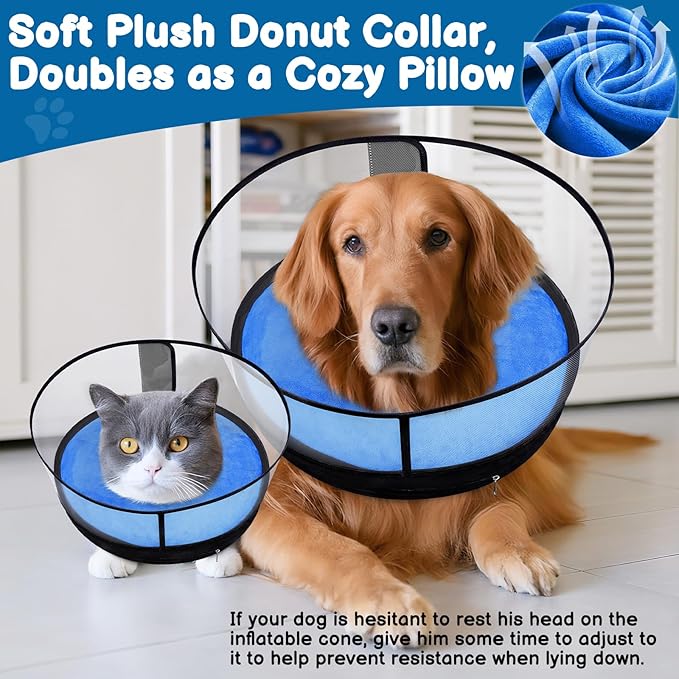 BARKLESS Dog Donut Collar, 2-in-1 Inflatable Dog Collars for After Surgery to Stop Licking Wounds, Patented Protective Donut Cone with High Shield for Large Pets (Blue, XL)
