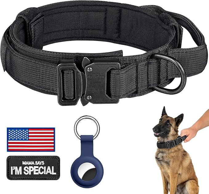 DAGANXI Tactical Dog Collar, Adjustable Military Training Nylon Dog Collar with Control Handle and Heavy Metal Buckle for Medium and Large Dogs, with Patches and Airtags Case (XL, Black)