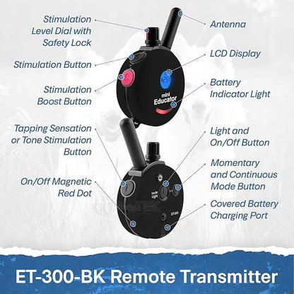 Educator ET-300 Black Mini E Collar for Dog Training with Remote - 1/2 Mile Range, Waterproof, 100 Blunt Stimulation Levels, Tone or Vibration Mode, Night Light Tracking for Small, Medium & Large Dogs