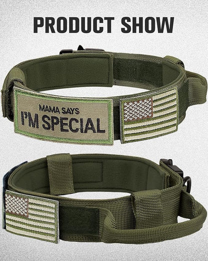 Joytale Tactical Dog Collar with Handle and Metal Buckle, Heavy Duty Padded Military Collar with 2 Patches for Training, Adjustable for Medium Dogs, ArmyGreen, M