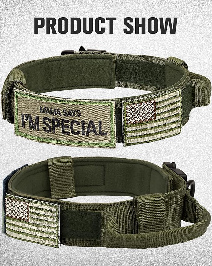 Joytale Tactical Dog Collar with Handle and Metal Buckle, Heavy Duty Padded Military Collar with 2 Patches for Training, Adjustable for XLarge Dogs, ArmyGreen, XL
